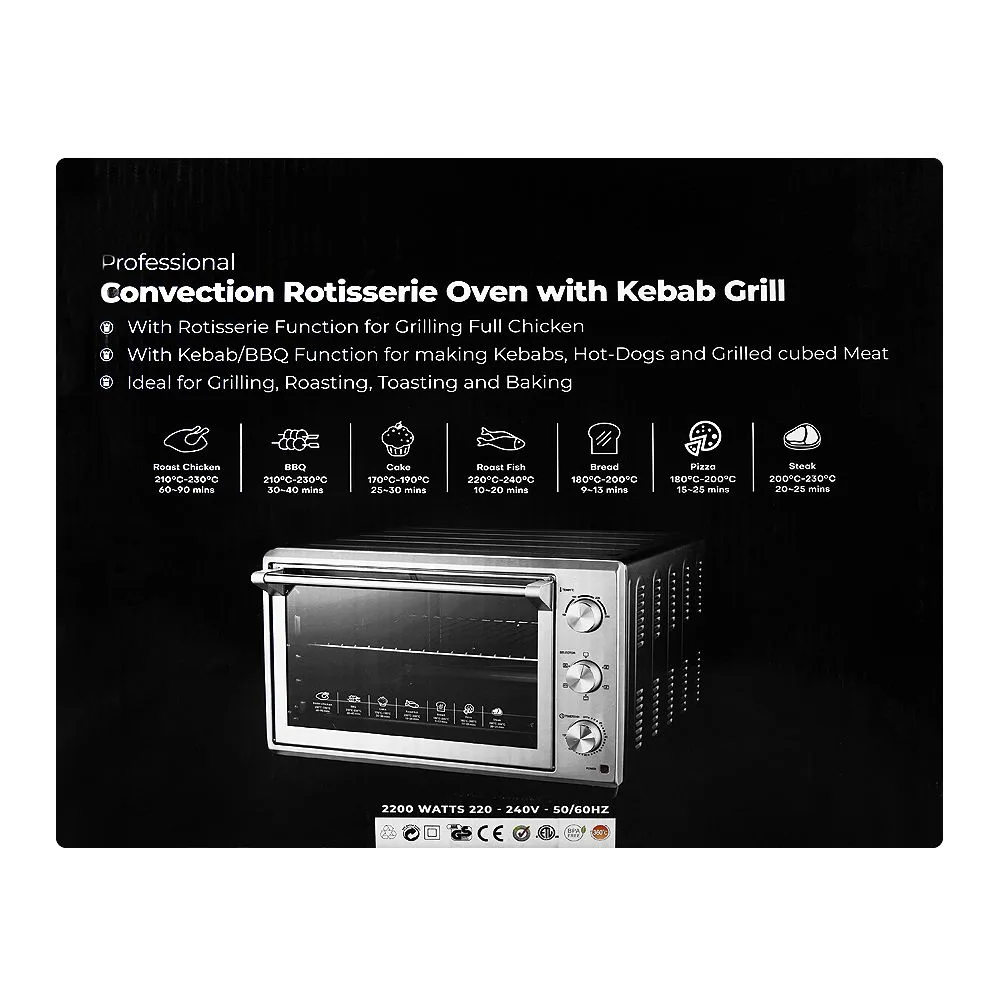 Comfortable casual west point deluxe convection rotisserie oven with kabab grill, 2200w, 220-240v, wf-6300rkc