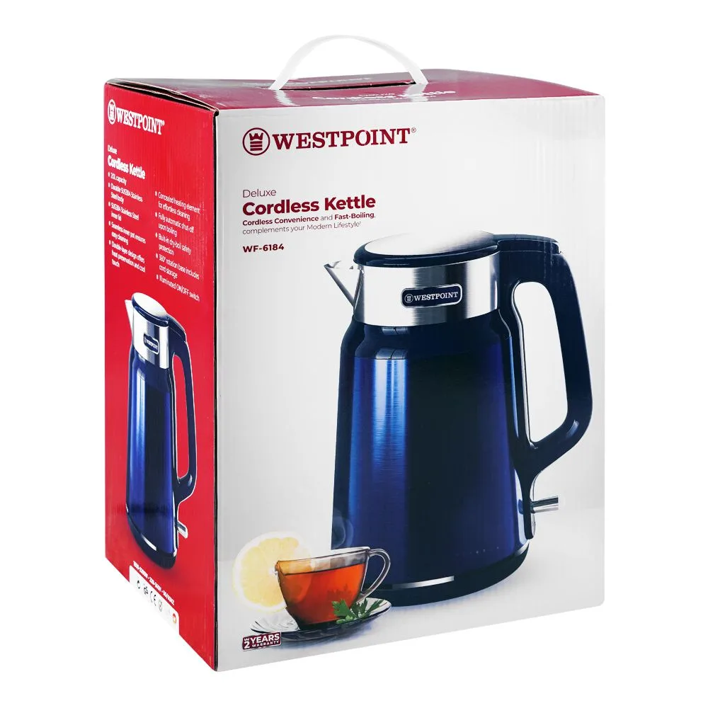 Side view of west point deluxe cordless kettle, 2-liters, 1850-2200w, 220-240v, wf-6184