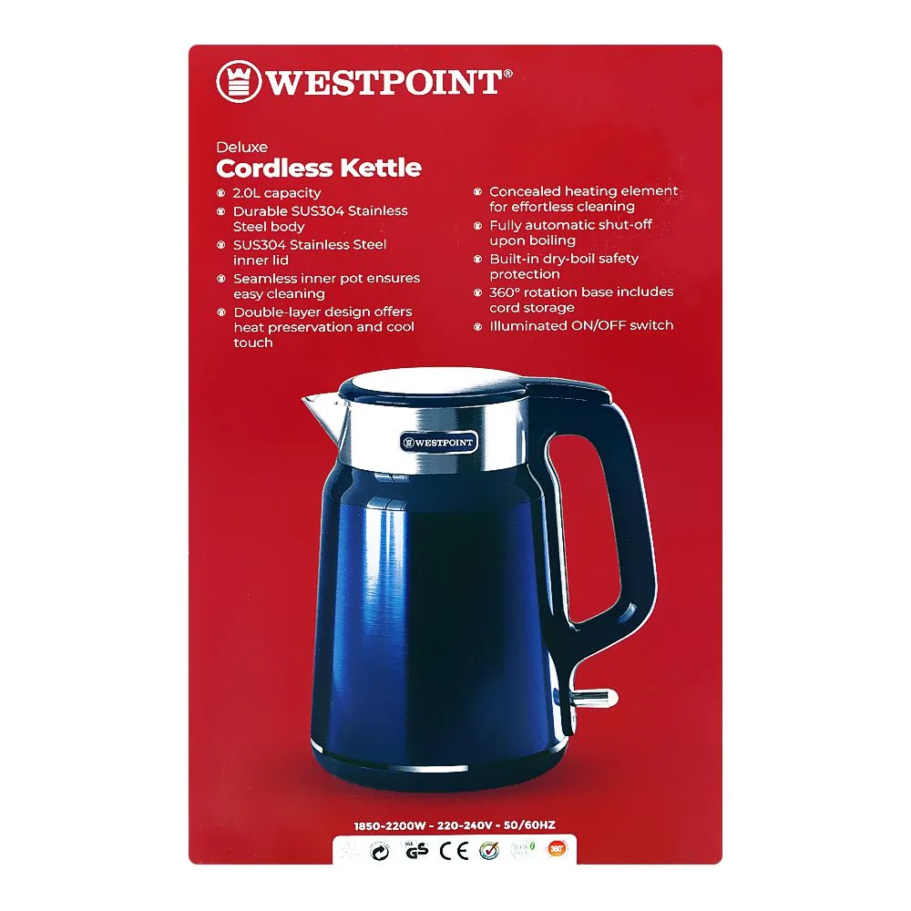 Comfortable casual west point deluxe cordless kettle, 2-liters, 1850-2200w, 220-240v, wf-6184