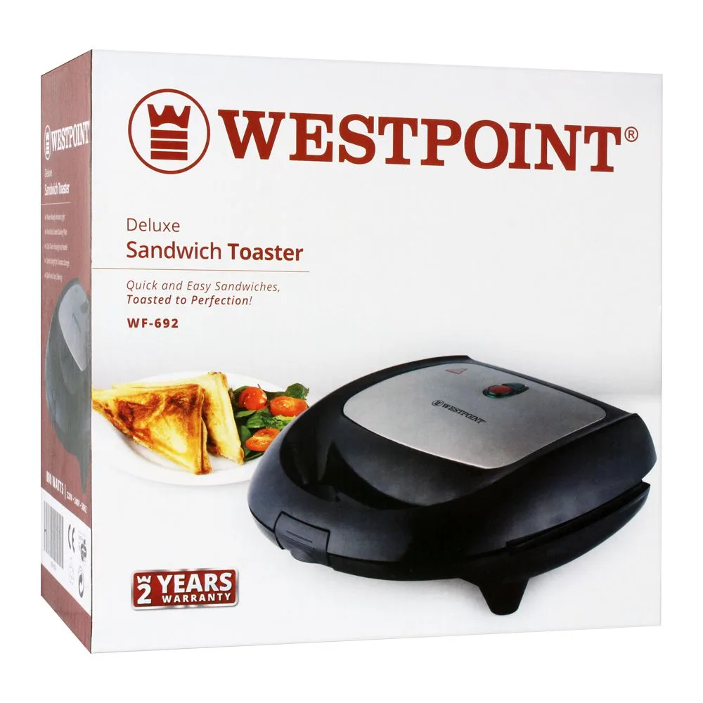 Side view of west point deluxe sandwich toaster, black, wf-692