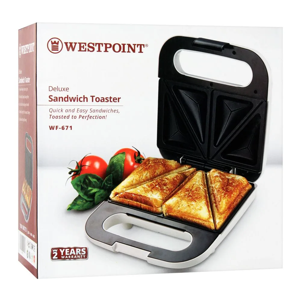 Side view of west point deluxe sandwich toaster, white, wf-671