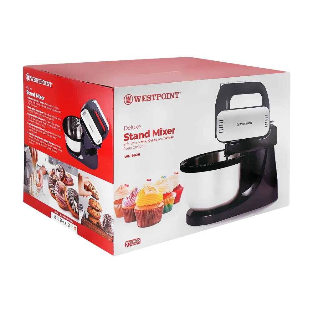 Side view of west point deluxe stand mixer, 500w, 220-240v, 4 liters steel bowl, wf-9826