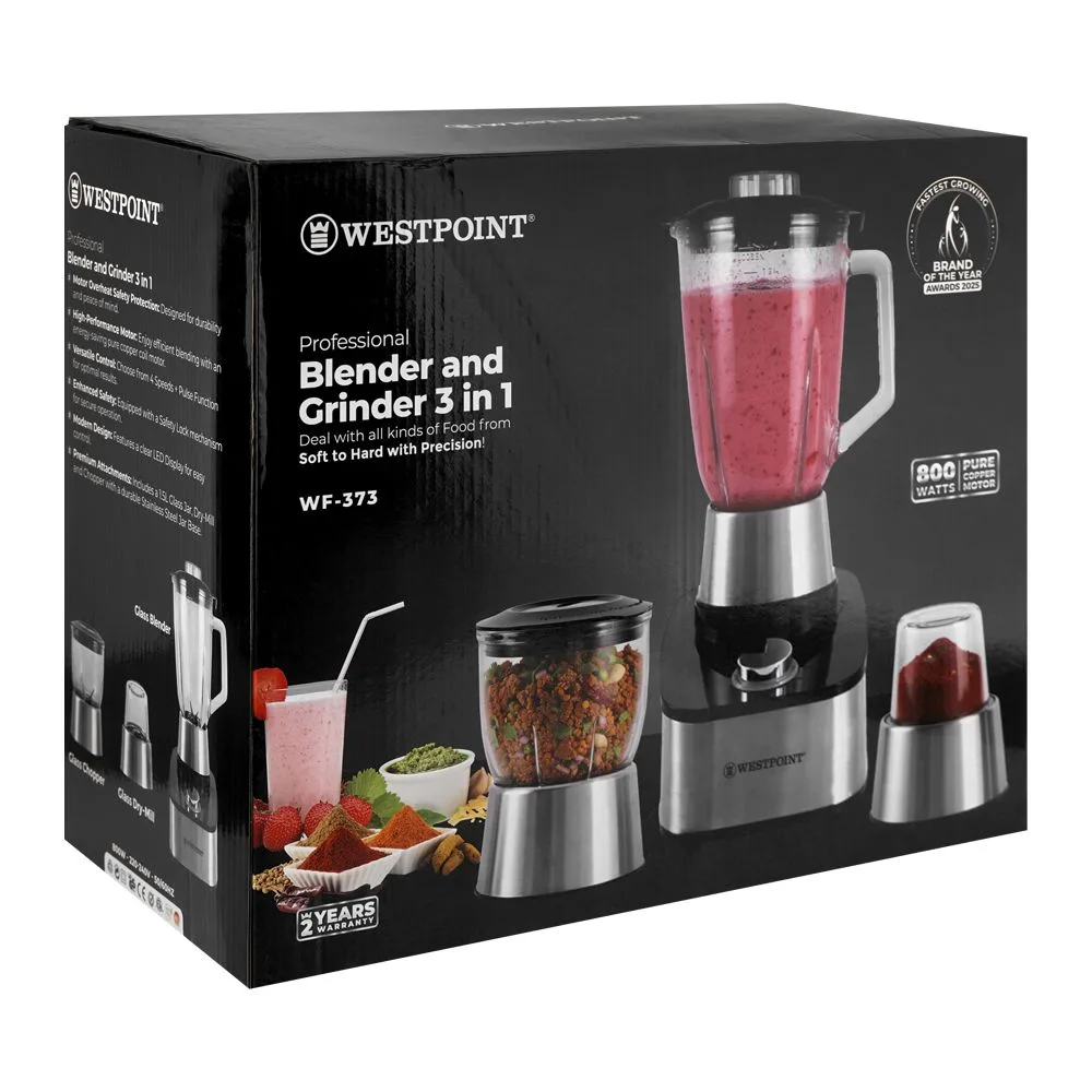 Side view of west point professional 3-in-1 blender & grinder, 800w, 220-240v, 1.5 liter glass jar, wf-373