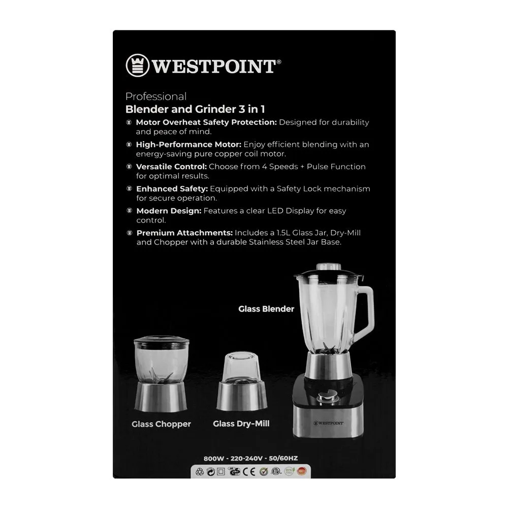 Comfortable casual west point professional 3-in-1 blender & grinder, 800w, 220-240v, 1.5 liter glass jar, wf-373