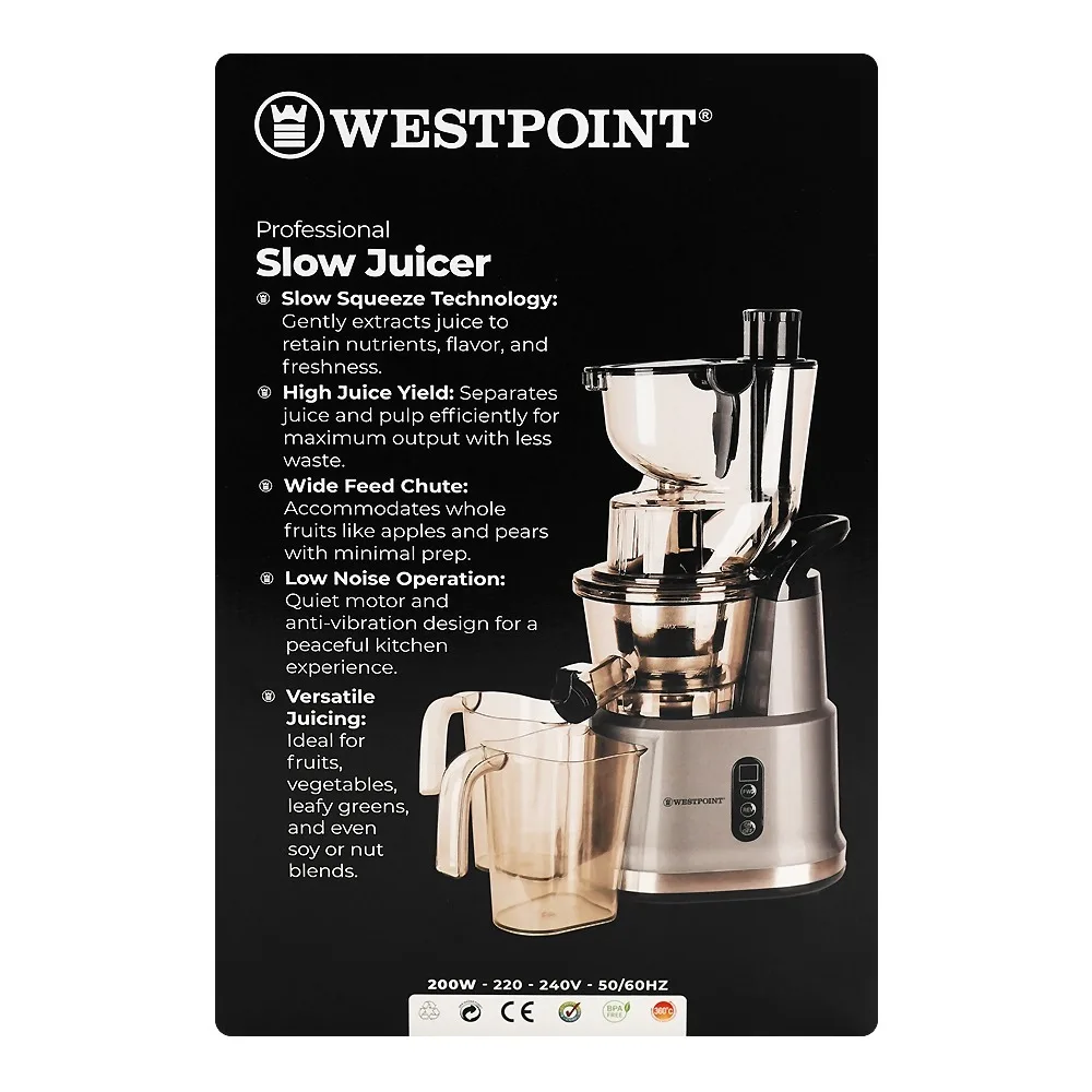 Side view of west point professional slow juicer, 200w, 220-240v, wf-5165