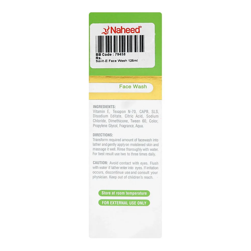 Side view of whiz laboratories savit-e face wash, vitamin e, citric acid, for all types of skin, 125ml