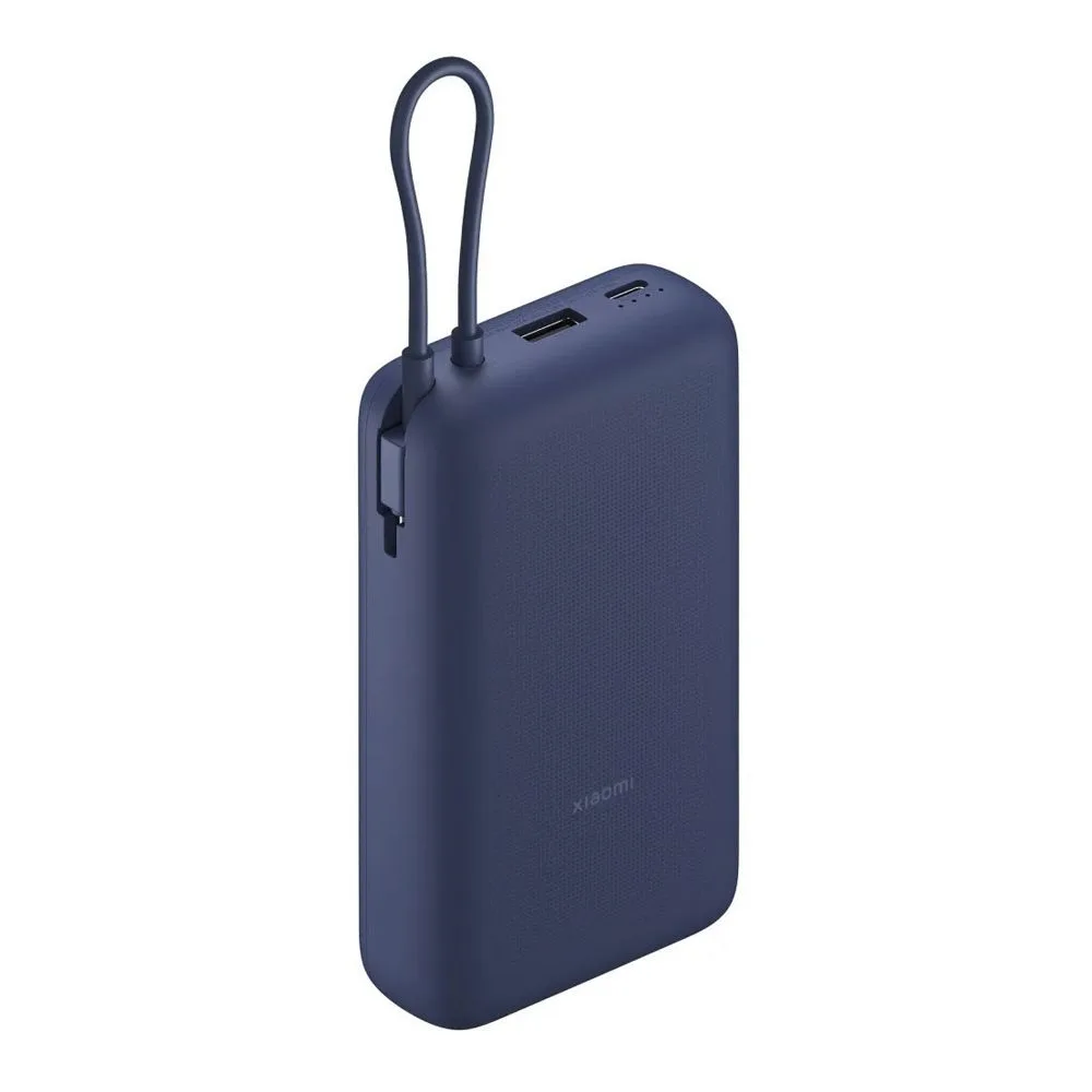 Side view of xiaomi mi 33w power bank with integrated cable, 20000mah, blue, pb2030xiaomi mi