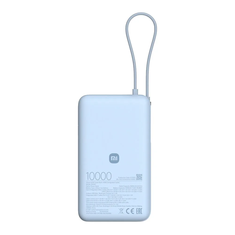 Side view of xiaomi mi 67w power bank with integrated cable, 10000mah, blue, pb1067
