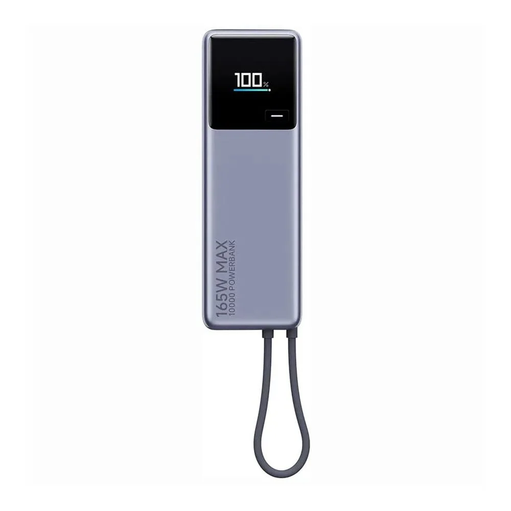 Side view of xiaomi mi fast charging power bank with integrated cables, 165w, 5500mah (10000mah equivalent battery power) gray