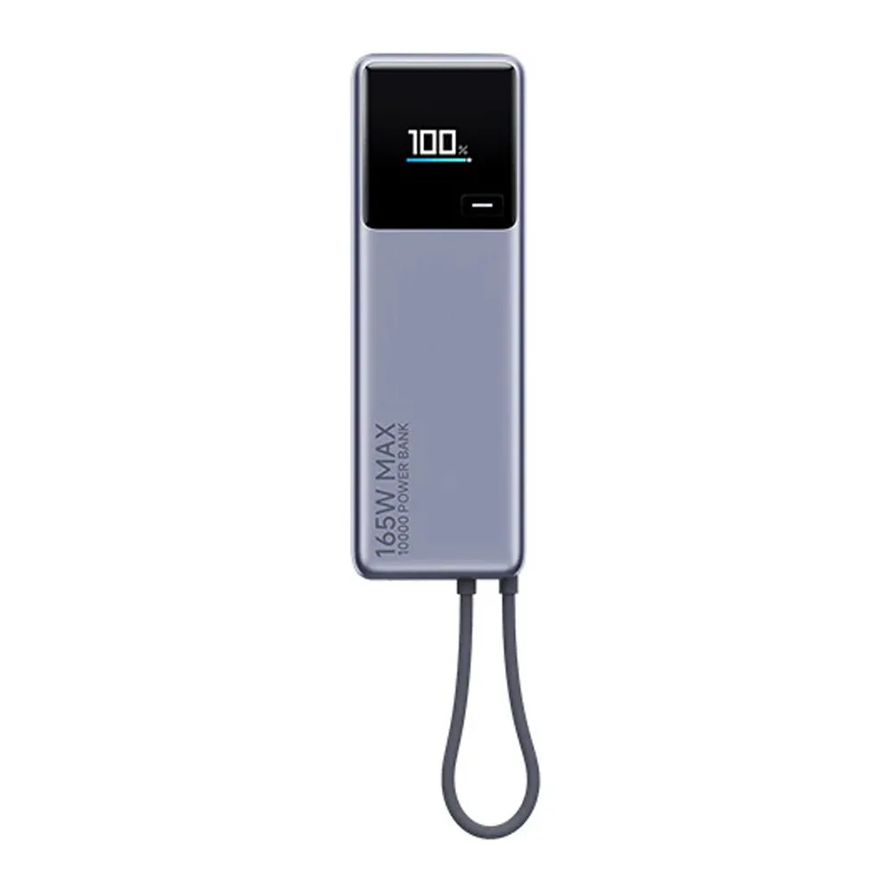 Close-up design of xiaomi mi fast charging power bank with integrated cables, 165w, 5500mah (10000mah equivalent battery power) gray