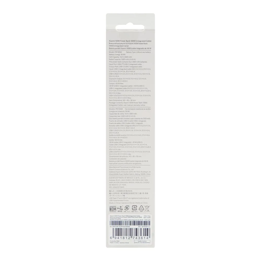 Front angle of xiaomi mi fast charging power bank with integrated cables, 165w, 5500mah (10000mah equivalent battery power) gray