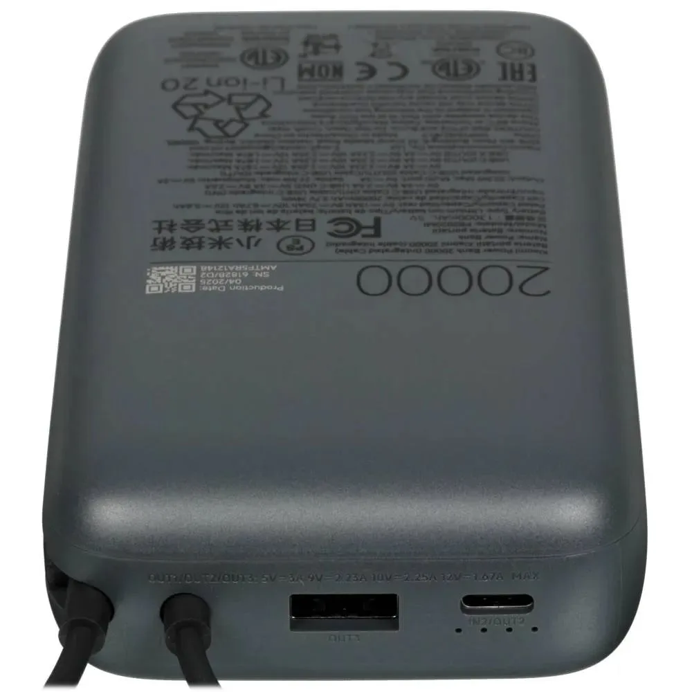 Side view of xiaomi mi power bank with integrated cable, 22.5w, 20000mah, dark gray, pb2020xiaomi mi