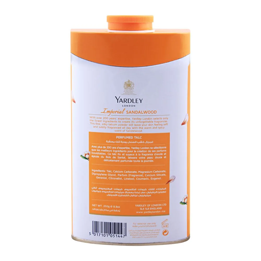 Side view of yardley imperial sandalwood perfumed talcum powder, 250g