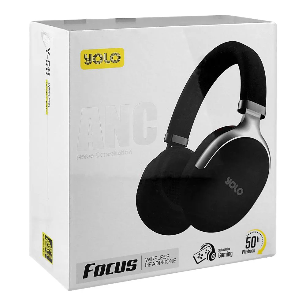 Side view of yolo focus anc wireless headphone, 50 hours play time, black, for gaming, y-511