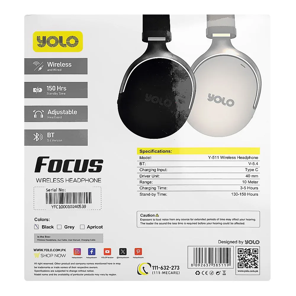 Comfortable casual yolo focus anc wireless headphone, 50 hours play time, black, for gaming, y-511