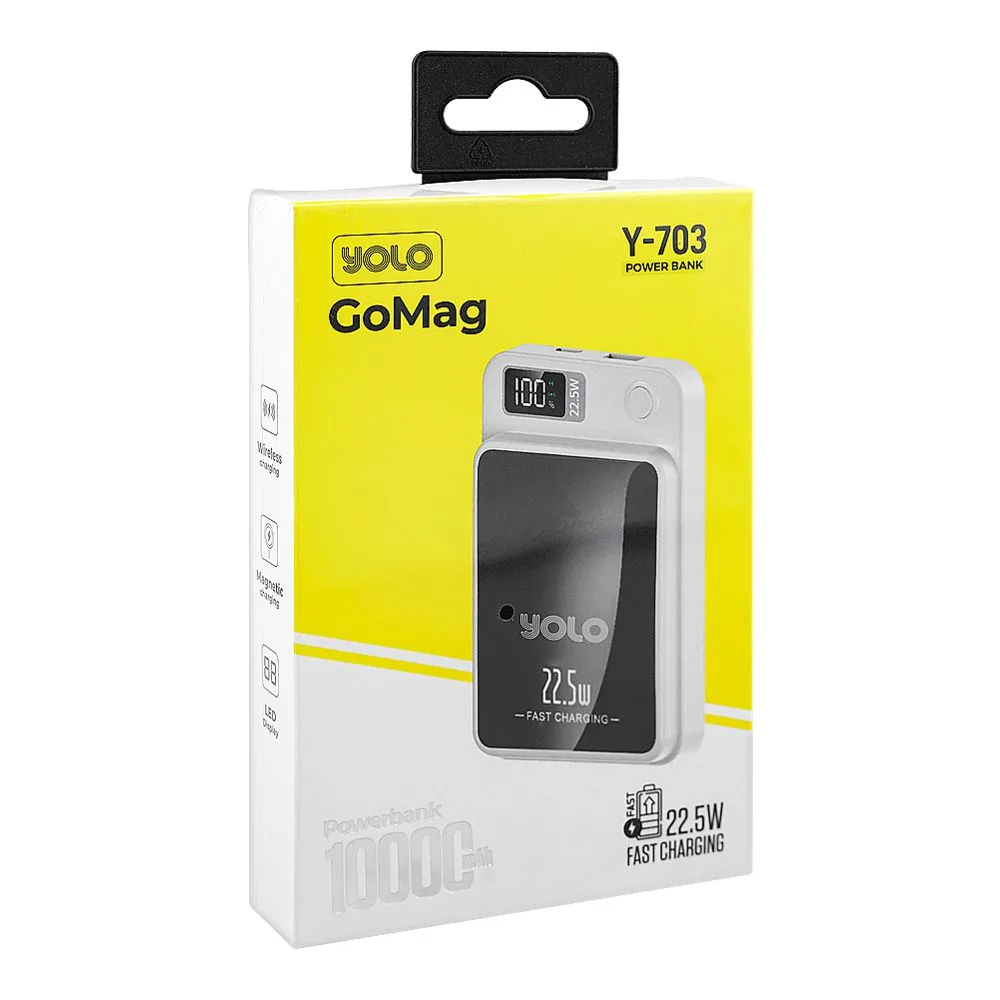 Side view of yolo gomag power bank (10000mah, 22.5w, wireless charging), black, y-703