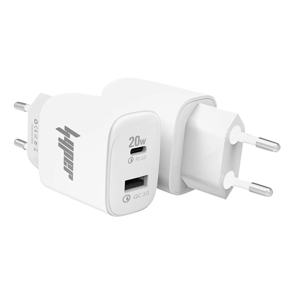 Side view of yolo hyper volt series 20w pd & qc type-c & usb-a port fast charger with cable, white, y-203