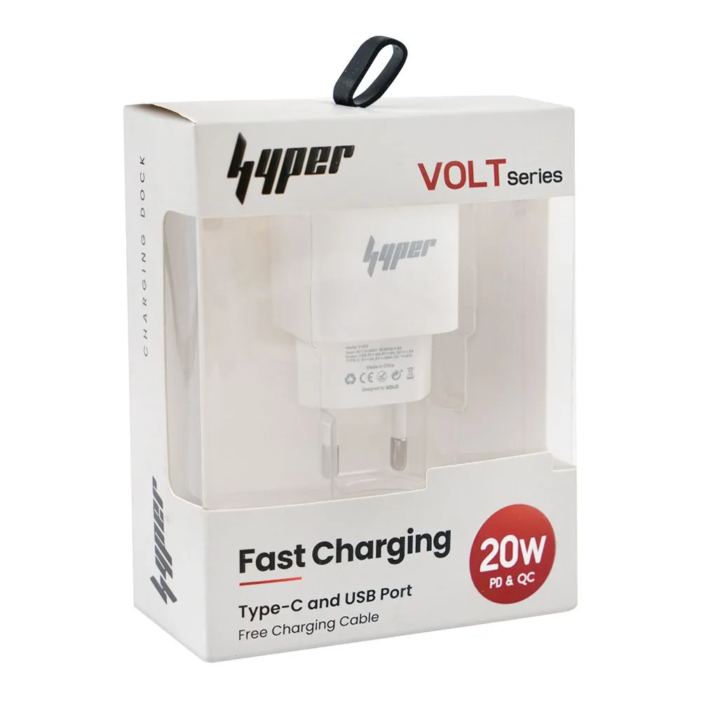 Comfortable casual yolo hyper volt series 20w pd & qc type-c & usb-a port fast charger with cable, white, y-203