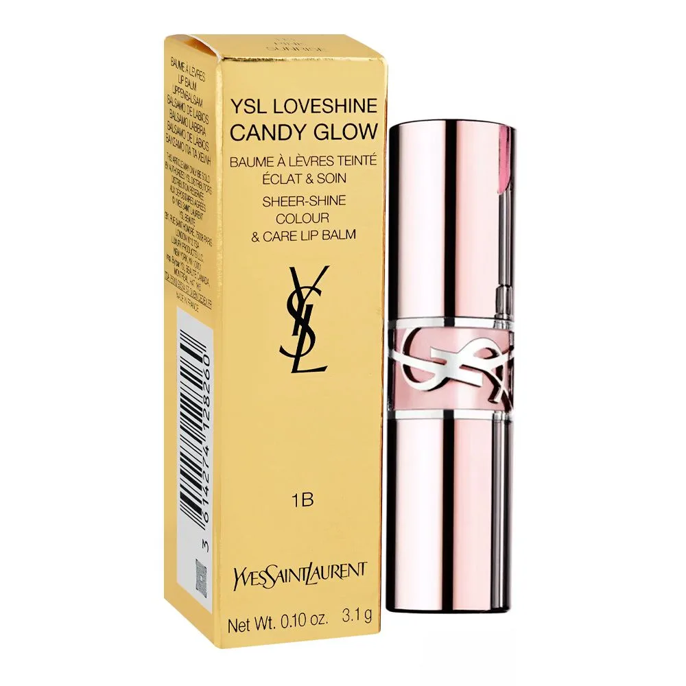 Side view of yves saint laurent love shine candy glow lip balm, 3.1g, 1b pink sunrise